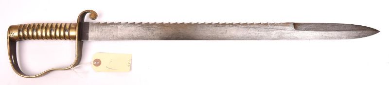 An 1856 Pattern Pioneer’s sidearm, saw backed blade 22½”, marked “Wilkinson Sword Company London”,
