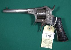 A Belgian 6 shot 7mm Jongen Freres closed frame double action pinfire revolver, c 1860, number 1592,