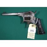 A Belgian 6 shot 7mm Jongen Freres closed frame double action pinfire revolver, c 1860, number 1592,