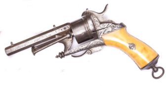 A Belgian 6 shot 9mm Chamelot & Delvigne double action pinfire revolver, c 1865, number 10235,