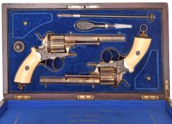 A pair of French 6 shot 12mm gold washed double action pinfire revolvers, c late 1860s, sighted