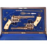 A pair of French 6 shot 12mm gold washed double action pinfire revolvers, c late 1860s, sighted