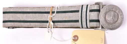 A Third Reich Army officer’s parade belt, of silver brocade with green stripes and aluminium buckle.