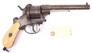 A Belgian 6 shot 12mm Lefaucheux double action pinfire revolver, c 1865, number 198893, round barrel
