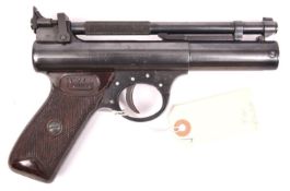 A .22” Webley Premier “E” series air pistol with blued finish, batch number 168, date stamp “6 71”