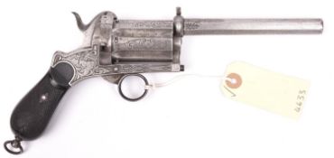 A strange 6 shot 9mm double action ring trigger pinfire revolver, possibly Spanish, c 1865,
