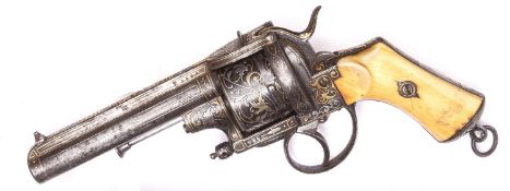 A Belgian 6 shot 12mm Lefaucheux gold and silver overlaid closed frame double action pinfire