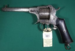 A Belgian 6 shot 12mm Jongen Freres closed frame double action pinfire revolver, c 1860, number