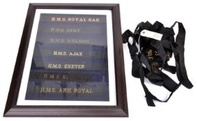 7 Royal Navy cap tallies: Royal Oak, Kent, Nelson, Ajax, Exeter, Revenge and Ark Royal, framed and