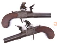 A pair of 38 bore flintlock boxlock pocket pistols by Mortimer, c 1800, 6¾” overall, turn off