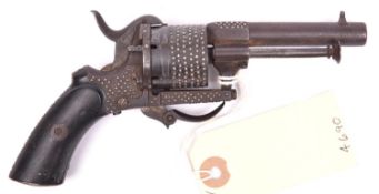 A Belgian 6 shot 7mm double action pinfire revolver, c1865, round barrel with octagonal breech