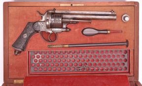 A Belgian 6 shot 12mm Julien solid frame double action pinfire revolver, c 1867, round barrel