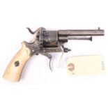 A Belgian 6 shot 7mm double action pinfire revolver c 1865, octagonal barrel 85mm (3-3/8"), engraved