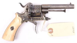 A Belgian 6 shot 7mm double action pinfire revolver c 1865, octagonal barrel 85mm (3-3/8"), engraved
