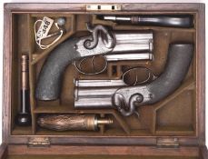 A pair of 34 bore double barrelled over and under percussion side hammer pistols, by Wilkinson,