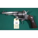 A Belgian 6 shot 9mm Lefaucheux double action pinfire revolver c 1863, number 108991, round barrel