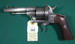 A Belgian 6 shot 9mm Lefaucheux double action pinfire revolver c 1863, number 108991, round barrel