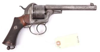 A Belgian 6 shot 12mm Comblain double action pinfire revolver, c 1865, octagonal barrel 158mm (6¼”),
