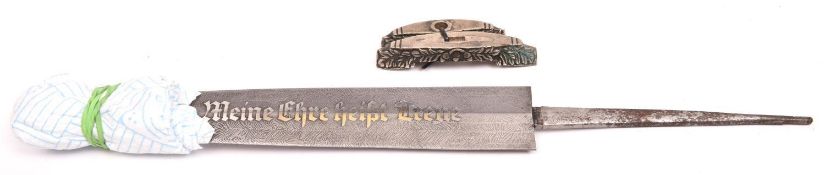 A reproduction damascus blade and pair of oak leaf embossed cross guards for SS Himmler Honour