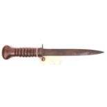 A Dutch WWI fighting knife, DE blade 8", ribbed wooden handle. GC an untouched piece. £100-120