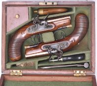 A good pair of 28 bore flintlock travelling pistols, by Taylor, c 1820, 7½” overall, browned