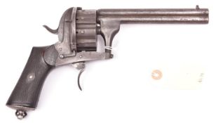 A Belgian double barrelled 20 shot 7mm double action pinfire revolver, c 1860, round over and