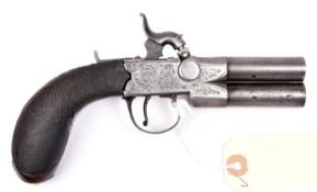 A double barrelled 80 bore over and under tap action percussion boxlock pistol, c 1820, converted