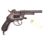 A Belgian 6 shot 9mm Chamelot & Delvigne double action pinfire revolver, c 1865, number 6907,