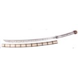 A 19th Century Burmese sword dha, curved, shallow fullered blade 26", slight swollen towards