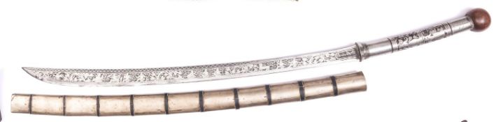A 19th Century Burmese sword dha, curved, shallow fullered blade 26", slight swollen towards
