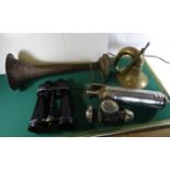 A 7x Naval binocular; a C.T. fire extinguisher; a fog horn, a car horn; a vintage car or cycle lamp.