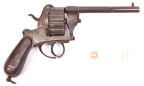 A Belgian 15 shot 7mm Chaineux double action pinfire revolver, c 1865, round barrel 135mm (5½”)