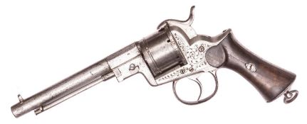 A Belgian 6 shot 12mm Pliers single action wedge frame pinfire revolver, c 1865, round barrel with