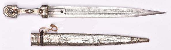 A 19th century kindjal, blade 13¼”, with maker’s mark on one side at forte, lightly scroll etched