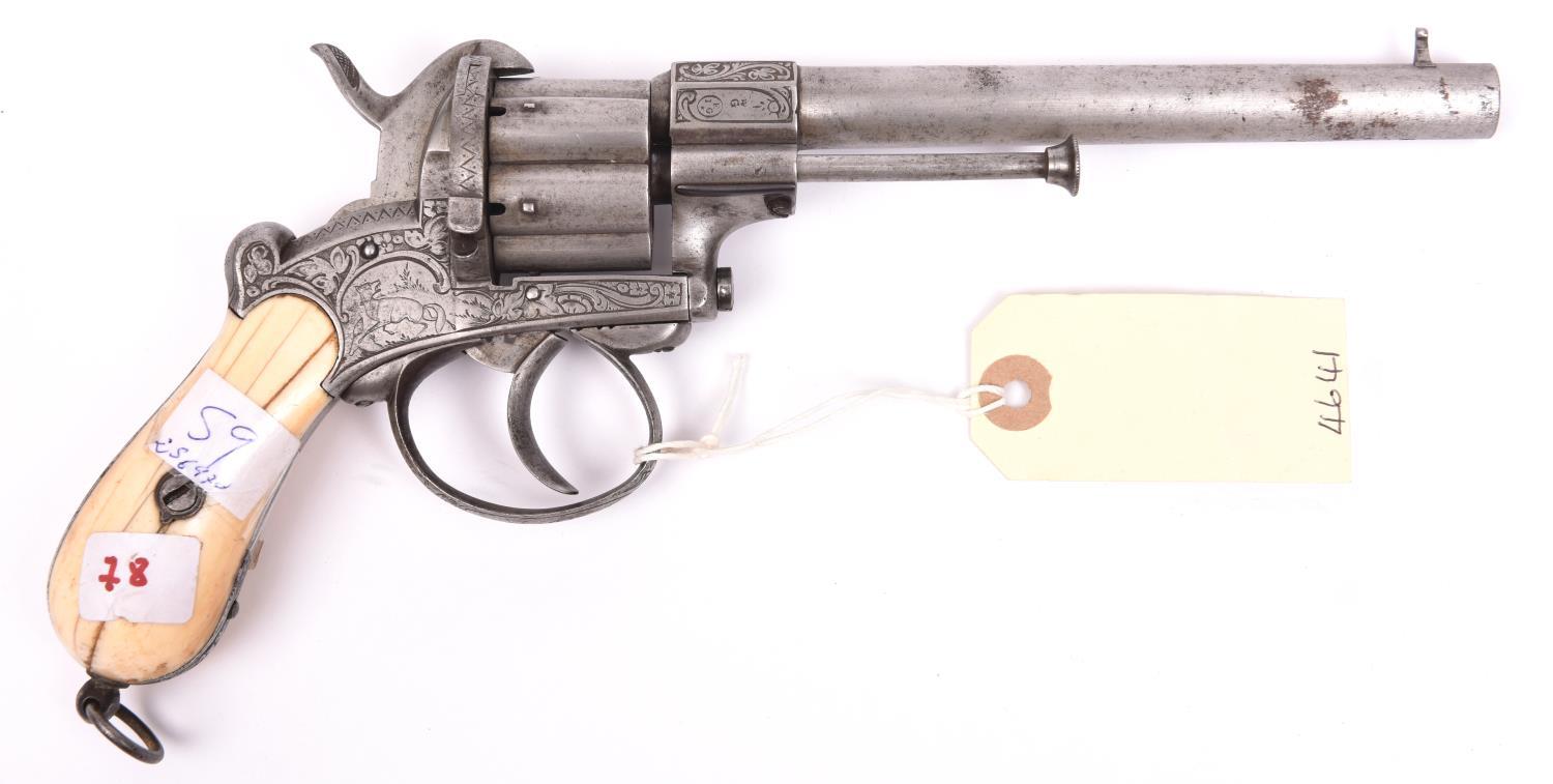 A Belgian 6 shot 9mm Lefaucheux double action pinfire revolver, c 1865,number 256970, round barrel