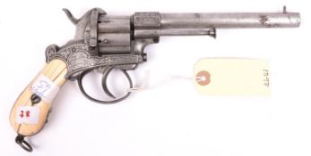 A Belgian 6 shot 9mm Lefaucheux double action pinfire revolver, c 1865,number 256970, round barrel