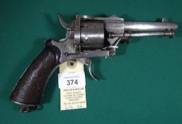 A Belgian 6 shot 9mm Meyer’s Patent solid closed frame double action pinfire revolver, c 1865, round