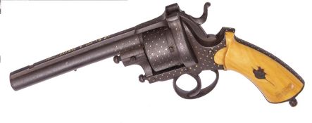 A Belgian 6 shot 12mm closed frame double action pinfire revolver, c 1865, round barrel 135mm (5¼”),