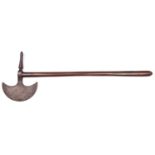 A 19th century pioneer’s axe, pronounced crescent shaped blade, 9½”, with stem, socket to haft,