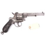 A Belgian 6 shot 12mm Lefaucheux double action pinfire revolver, c 1865, number 125722, round barrel