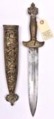 A 19th century Romantic dagger, hollow ground plated blade 9", with central ridge, brass hilt with