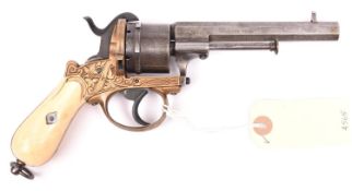 A German 6 shot 9mm brass framed Lefaucheux type double action pinfire revolver, by B. Ebbeke,