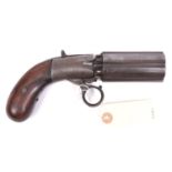 A 6 shot 80 bore Cooper’s Patent self cocking ring trigger percussion pepperbox revolver, 7¾”