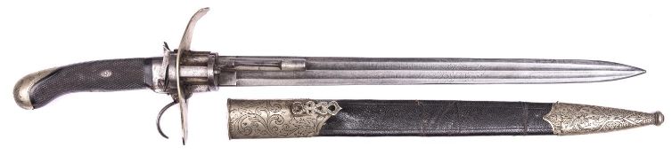 A rare French combination 6 shot 7mm self cocking pinfire revolver/hunting sword by Lefaucheux c