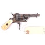 A Belgian 6 shot 5mm gold inlaid double action pinfire purse revolver, c 1865, round barrel 56mm (