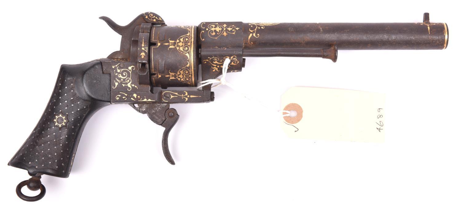 A Spanish 6 shot 12mm gold damascened double action pinfire revolver, round barrel with octagonal