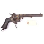 A Spanish 6 shot 12mm gold damascened double action pinfire revolver, round barrel with octagonal