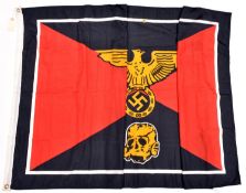 A printed silk flag, depicting a yellow Third Reich eagle over a skull, on diagonally divided red