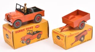2 Dinky Toys. Land Rover (340). Example in orange, with dark green interior, red wheels and grey
