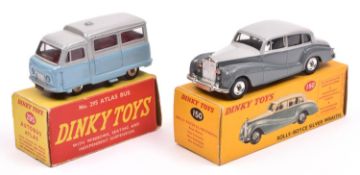 2 Dinky Toys. Rolls Royce Silver Wraith (150). In two tone grey. Plus an Atlas Bus (295). In light